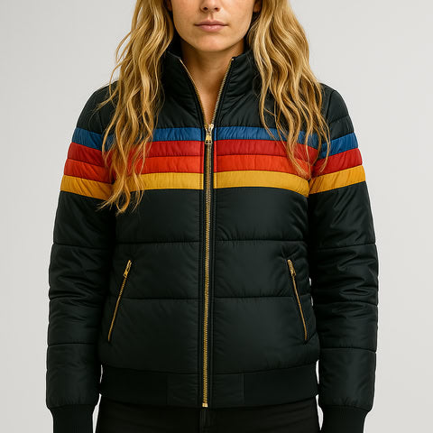 Hooded Zip Front Striped Panel Puffer Jacket