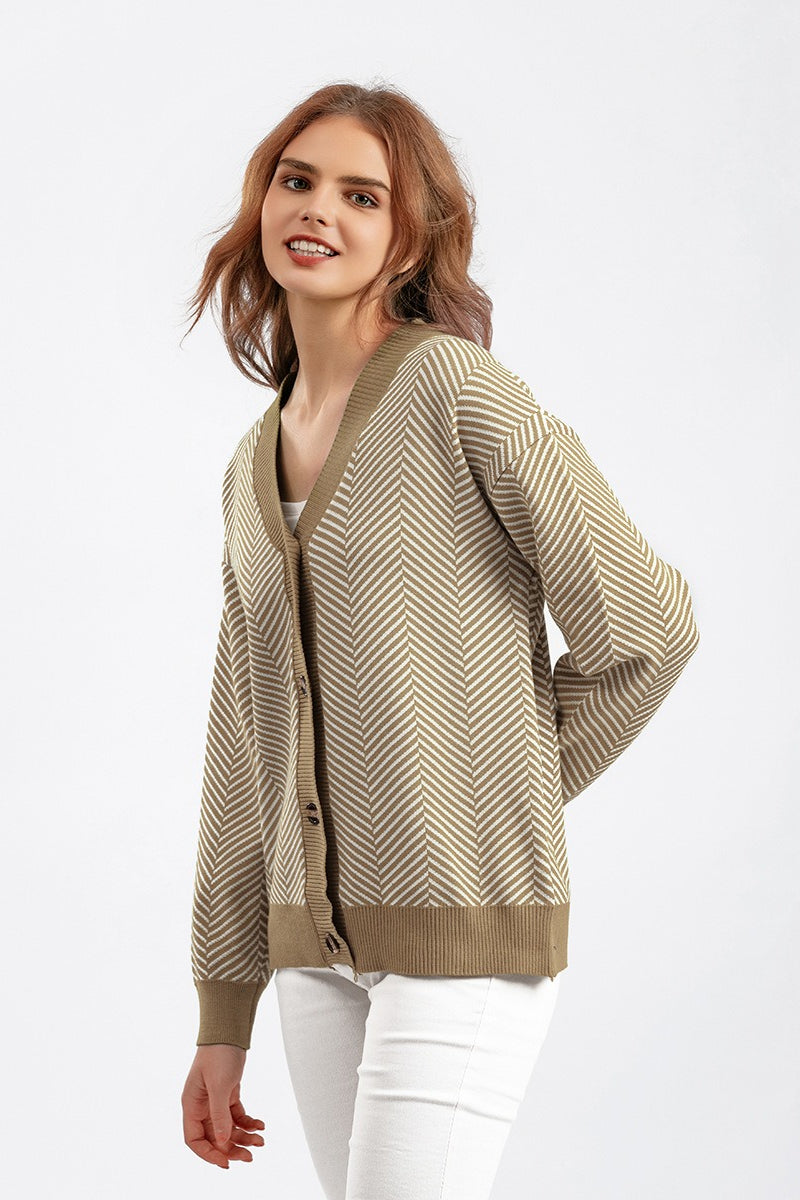 V-Neck Button Front Chevron Stripe Long Sleeve Knit Cardigan 7
