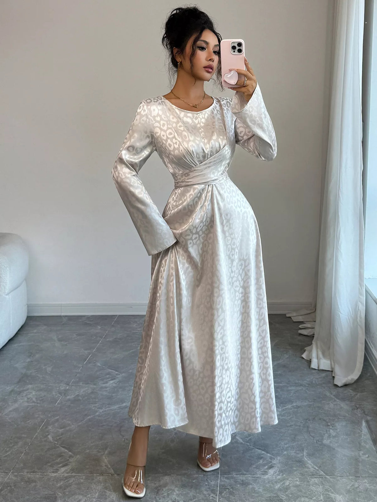Leopard Satin Jacquard Crew Neck Long Sleeve Twist Front Maxi Dress 6