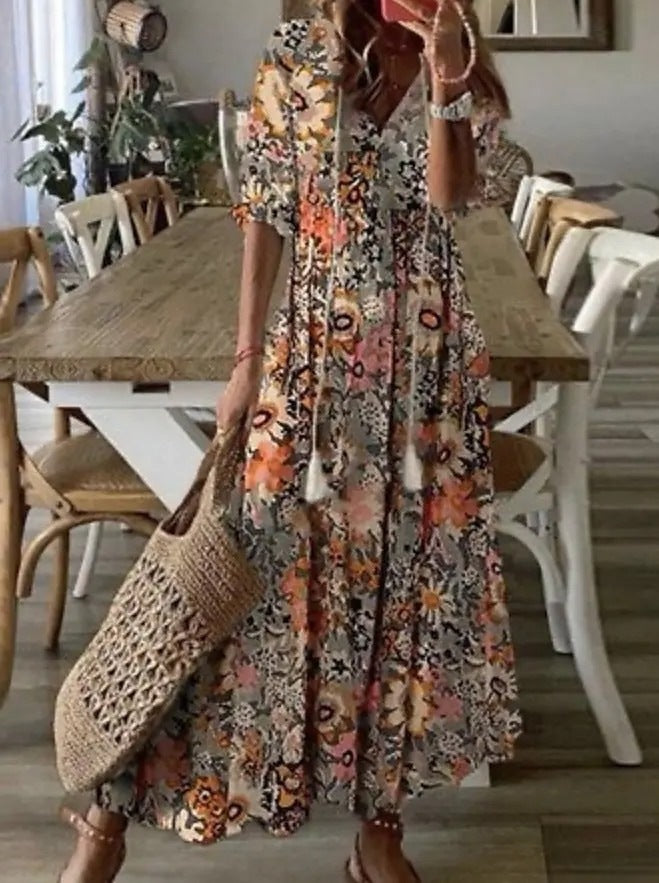 Casual Loose V-neck Printed Long Dress Tan
