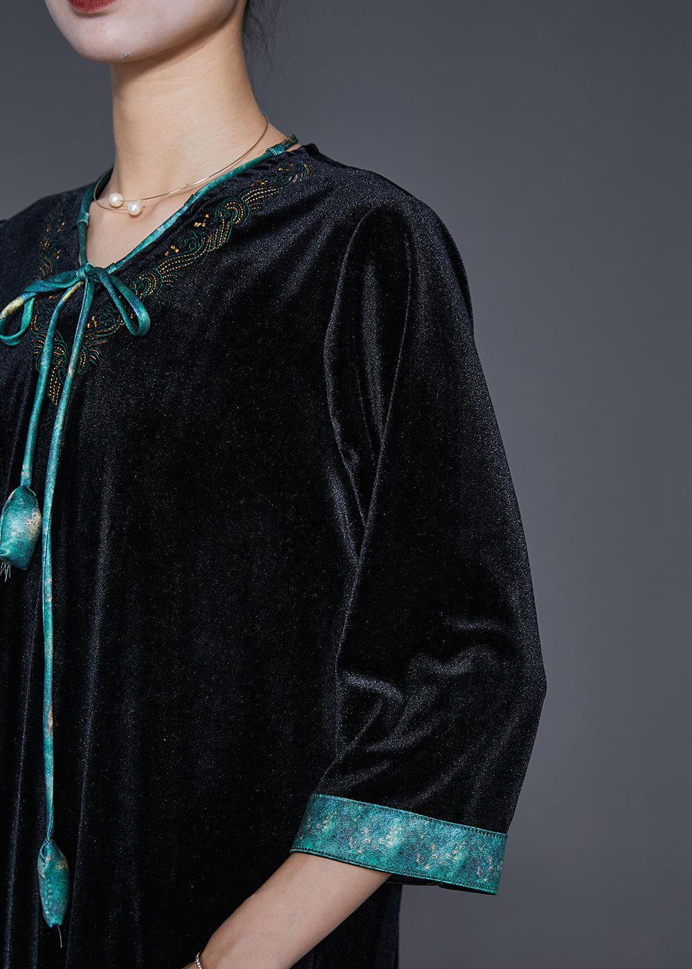 Velvet V-Neck Embroidered Tassel Tie Three Quarter Sleeve A-Line Midi Dress