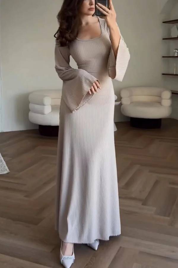 Rib Knit Square Neck Bell Sleeve Bodycon Maxi Dress