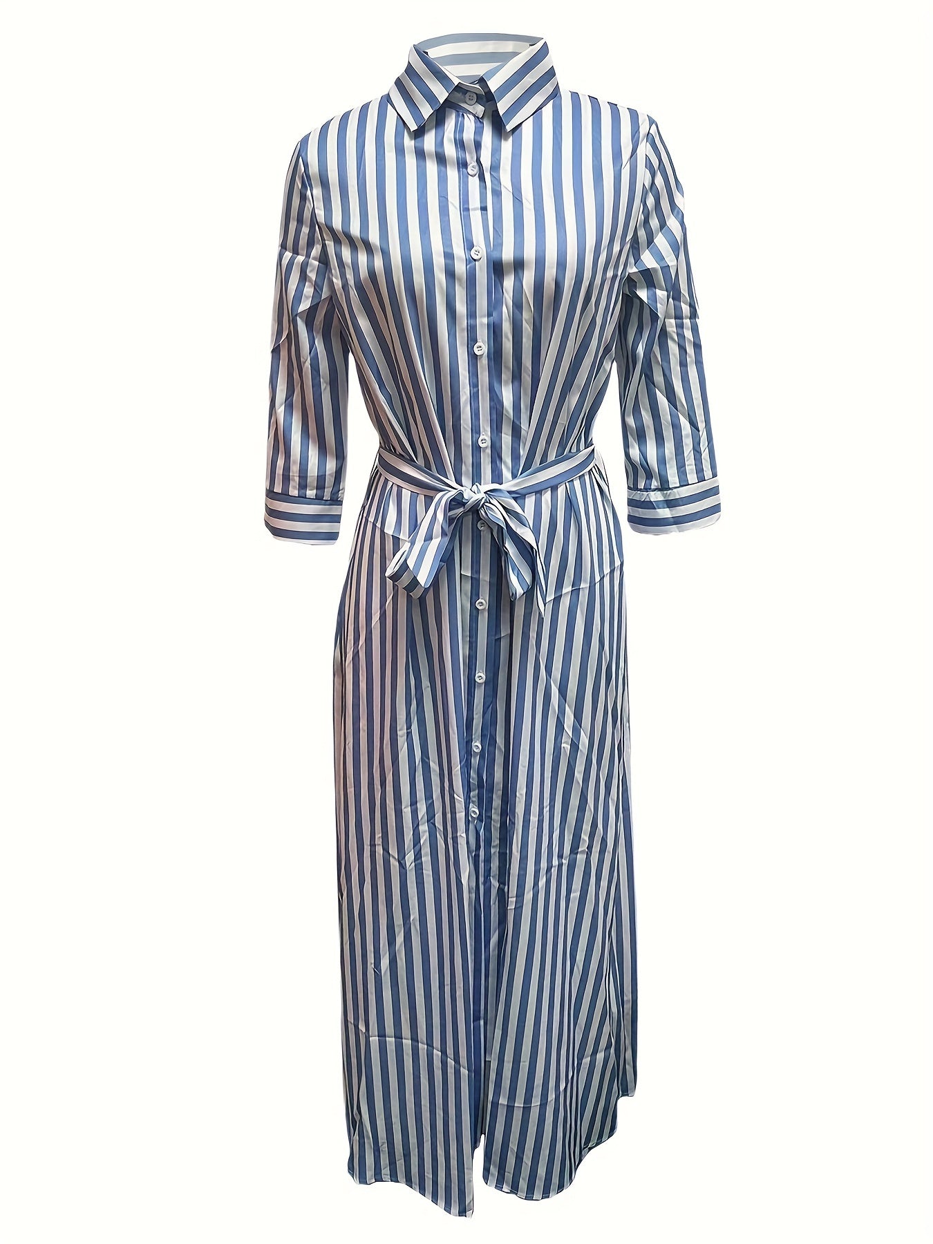 Button Down Tie Waist Long Sleeve Maxi Shirt Dress