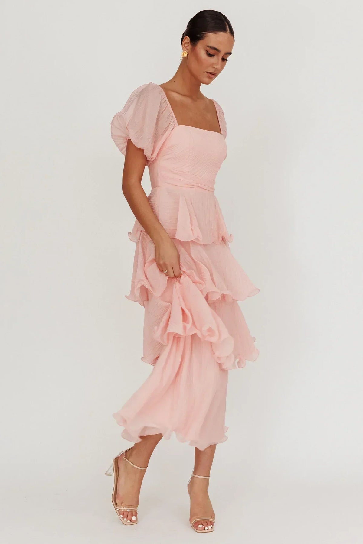 Square Neck Puff Sleeve Tiered Ruffle Midi Dress 4