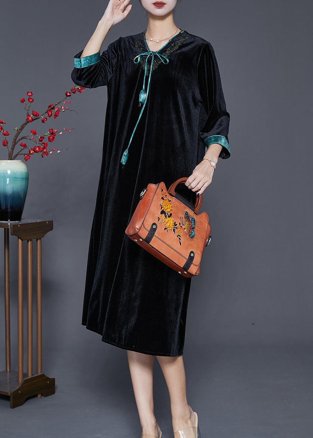 Velvet V-Neck Embroidered Tassel Tie Three Quarter Sleeve A-Line Midi Dress