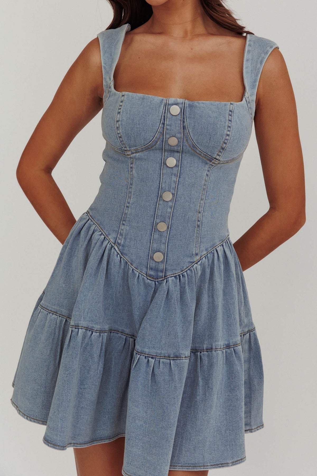 Denim-Look Square Neck Button Front Corset Bodice Tiered Mini Dress 5