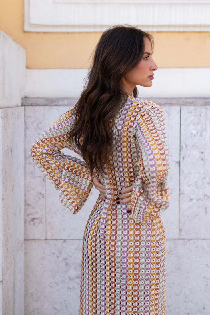 Crochet Deep V-Neck Long Sleeve Striped Boho Maxi Dress