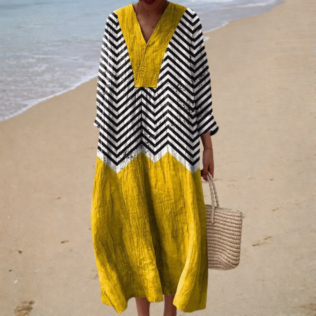 Chevron Print V-Neck Long Sleeve Oversized Maxi Dress