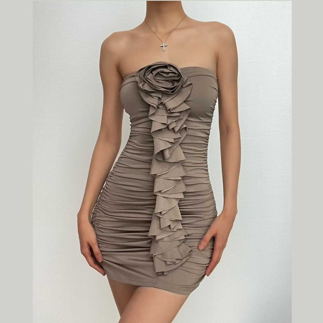 Strapless Ruched Floral Applique Ruffle Bodycon Mini Dress