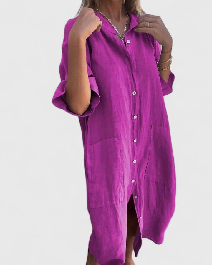 Collared Button Front Roll Sleeve Pocket Shirt Dress