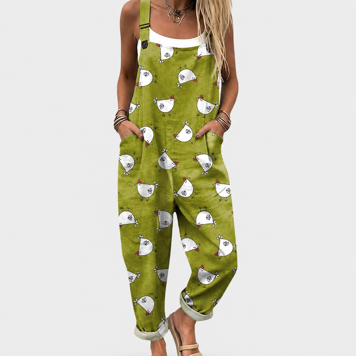 Chicken Print Cuffed Wide Leg Overall Jumpsuit