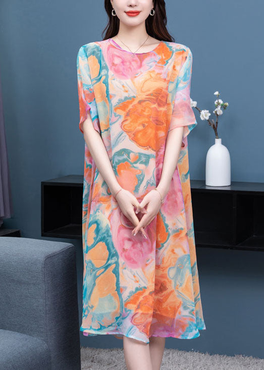 Abstract Marble Print Round Neck Butterfly Sleeve Chiffon Shift Midi Dress