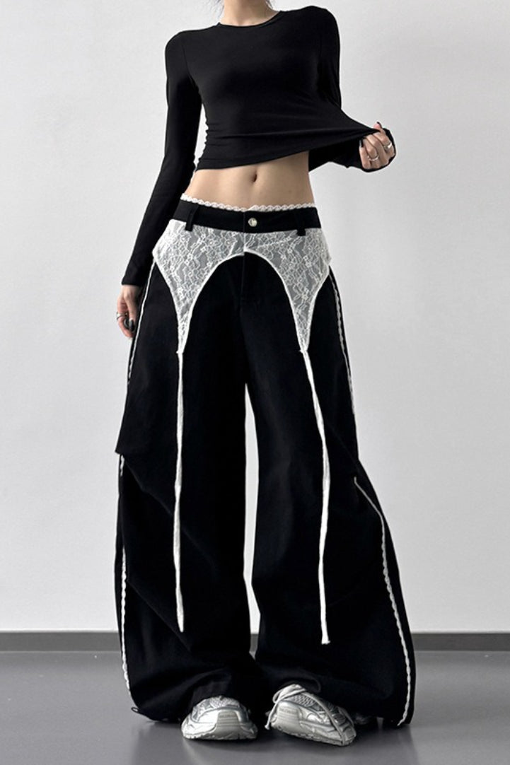 Lace Trim Waist Panel Toggle Hem Baggy Wide Leg Pants 3