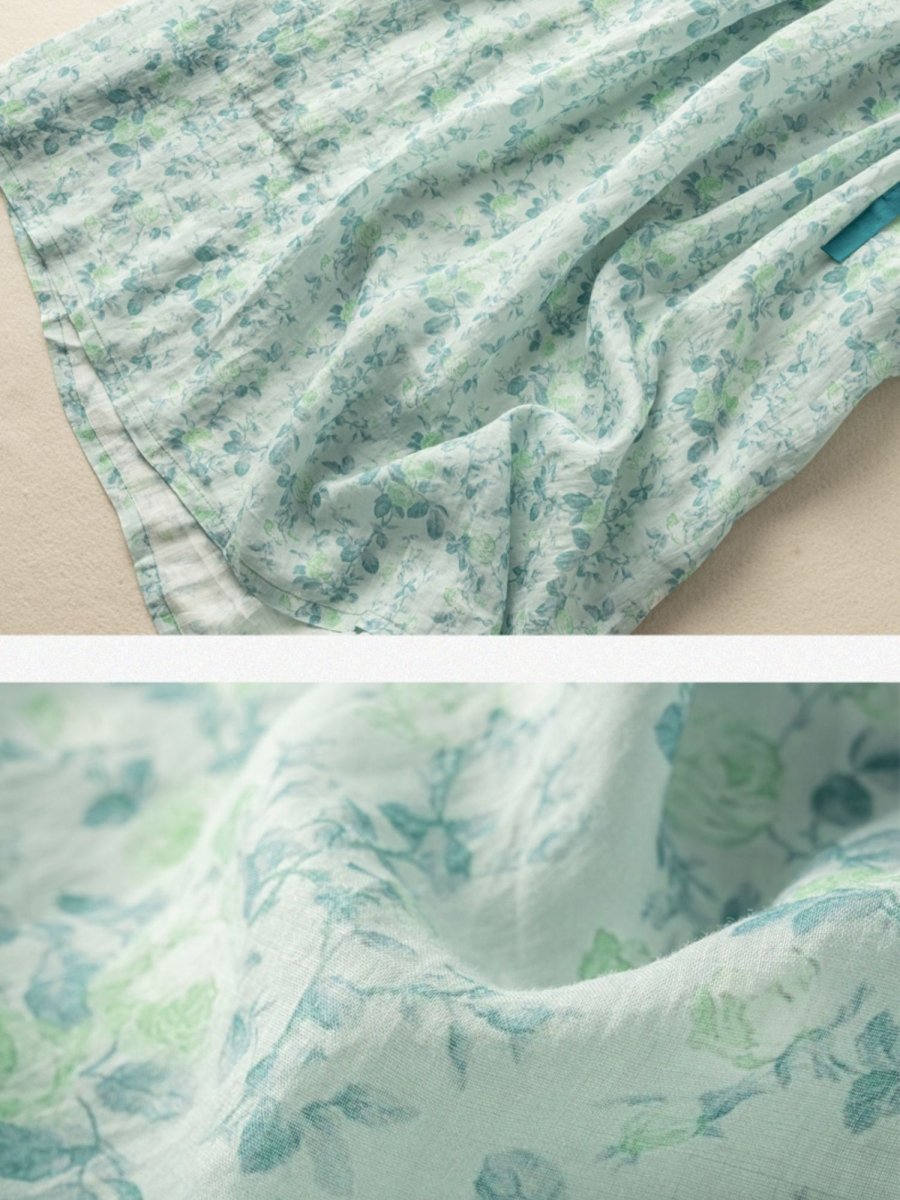 Botanical Floral Print V-Neck Piping Trim Short Sleeve Tie Waist Gathered A-Line Midi Dress