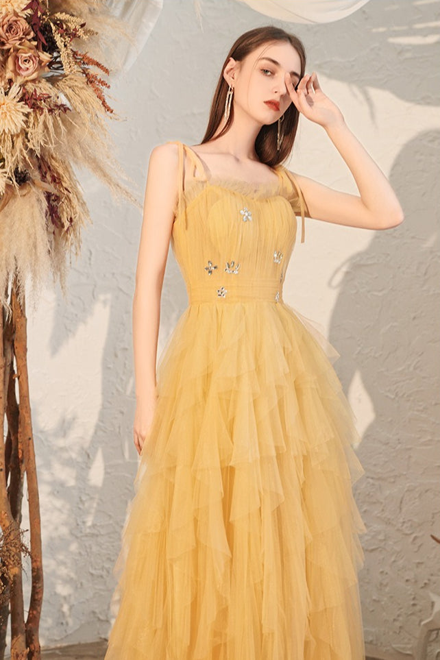 Tulle Spaghetti Strap Square Neck Tiered Ruffle Maxi Prom Dress