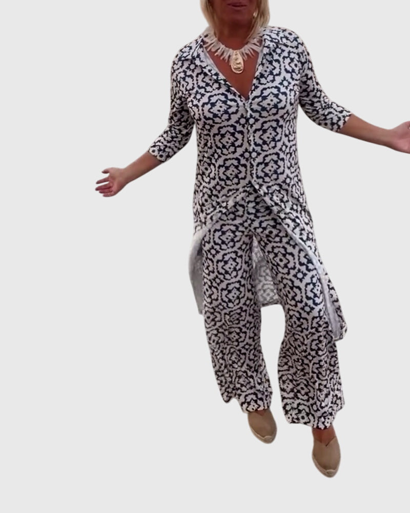Medallion Print Collared Half Sleeve Tunic and Wide Leg Pants Two Piece Set