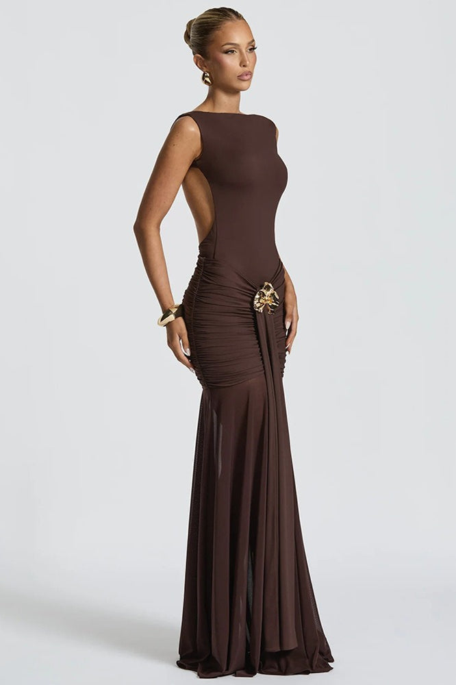 High Neck Backless Ruched Mermaid Maxi Dress