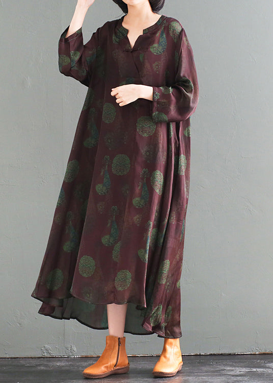 Medallion Print Mandarin Collar Frog Button High Low Long Sleeve Pocket Maxi Dress