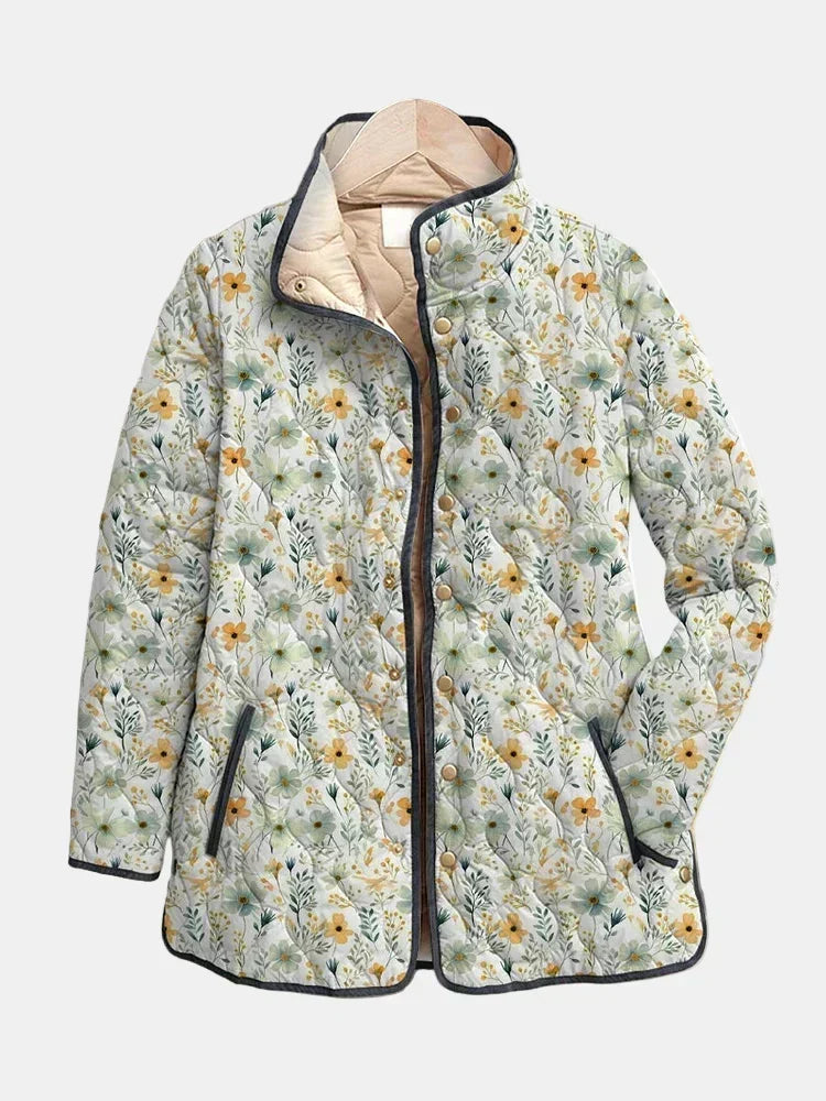 Floral Print Quilted Longline Open Front Jacket