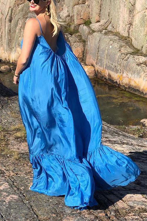 Spaghetti Strap V-Neck Tiered Ruffle Hem Maxi Dress