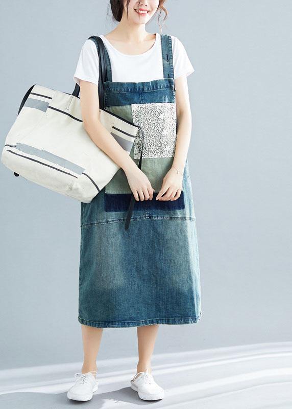 Denim Lace Patchwork Bib Strap Pinafore Midi Dress