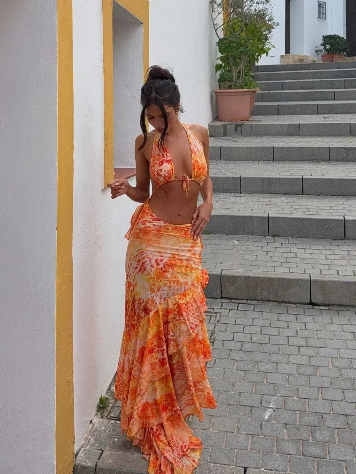 Abstract Print Halter Cut Out Backless Ruffle Maxi Dress 2