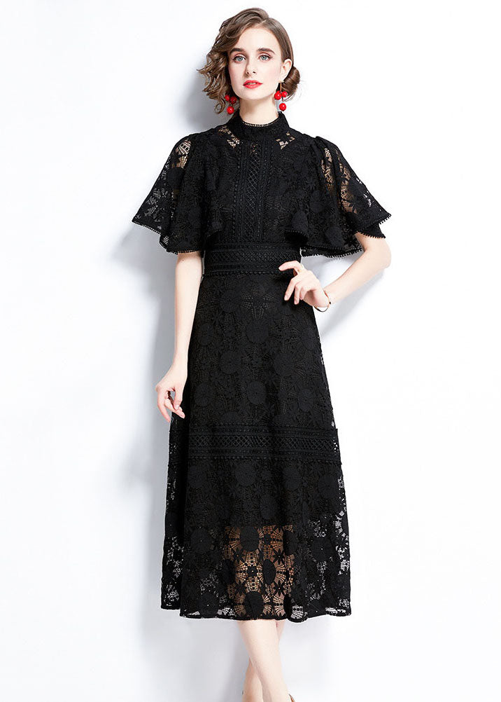 Lace Mock Neck Flutter Sleeve A-Line Midi Dress