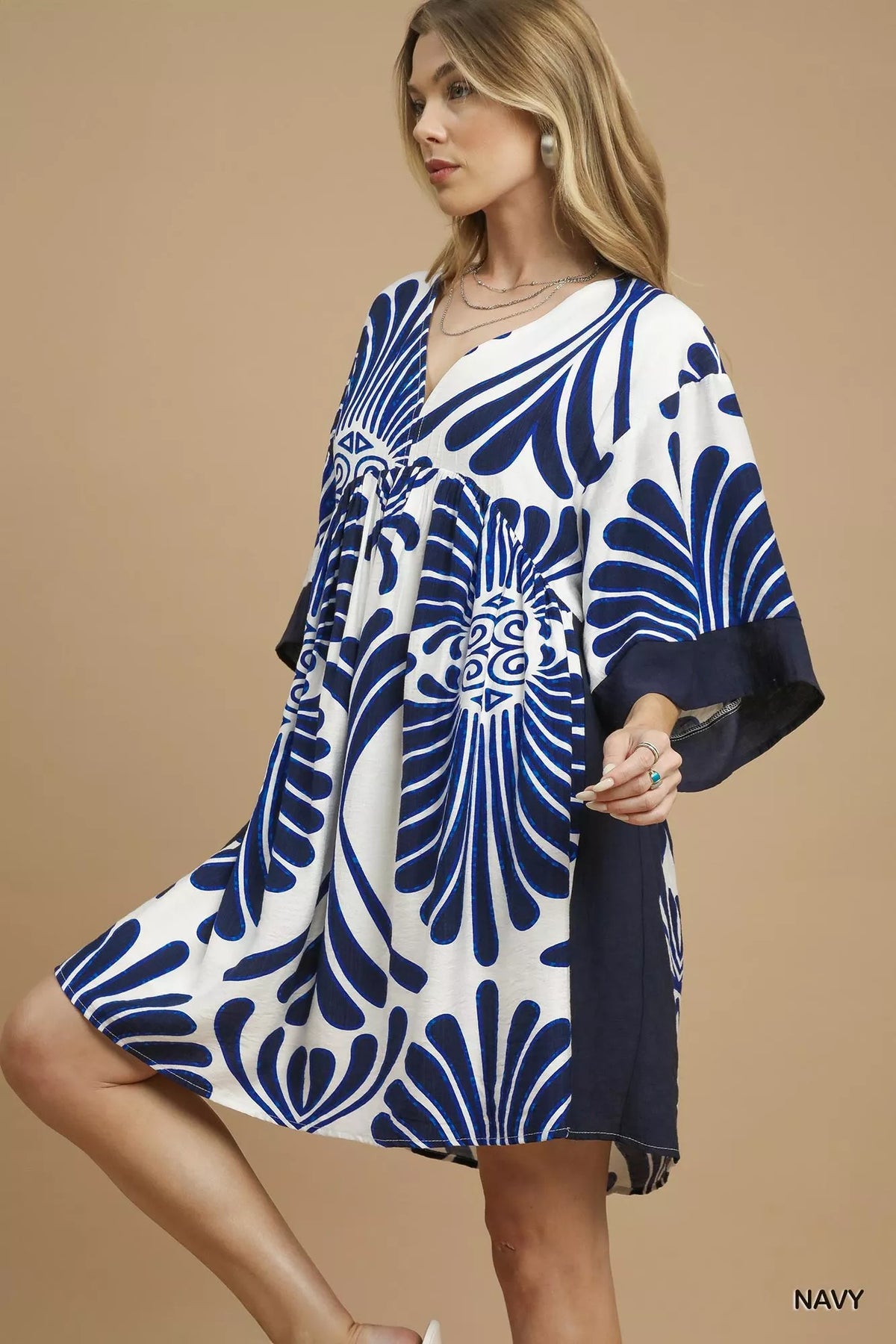 Abstract Print V-Neck Kimono Sleeve Contrast Cuff Babydoll Mini Dress 3