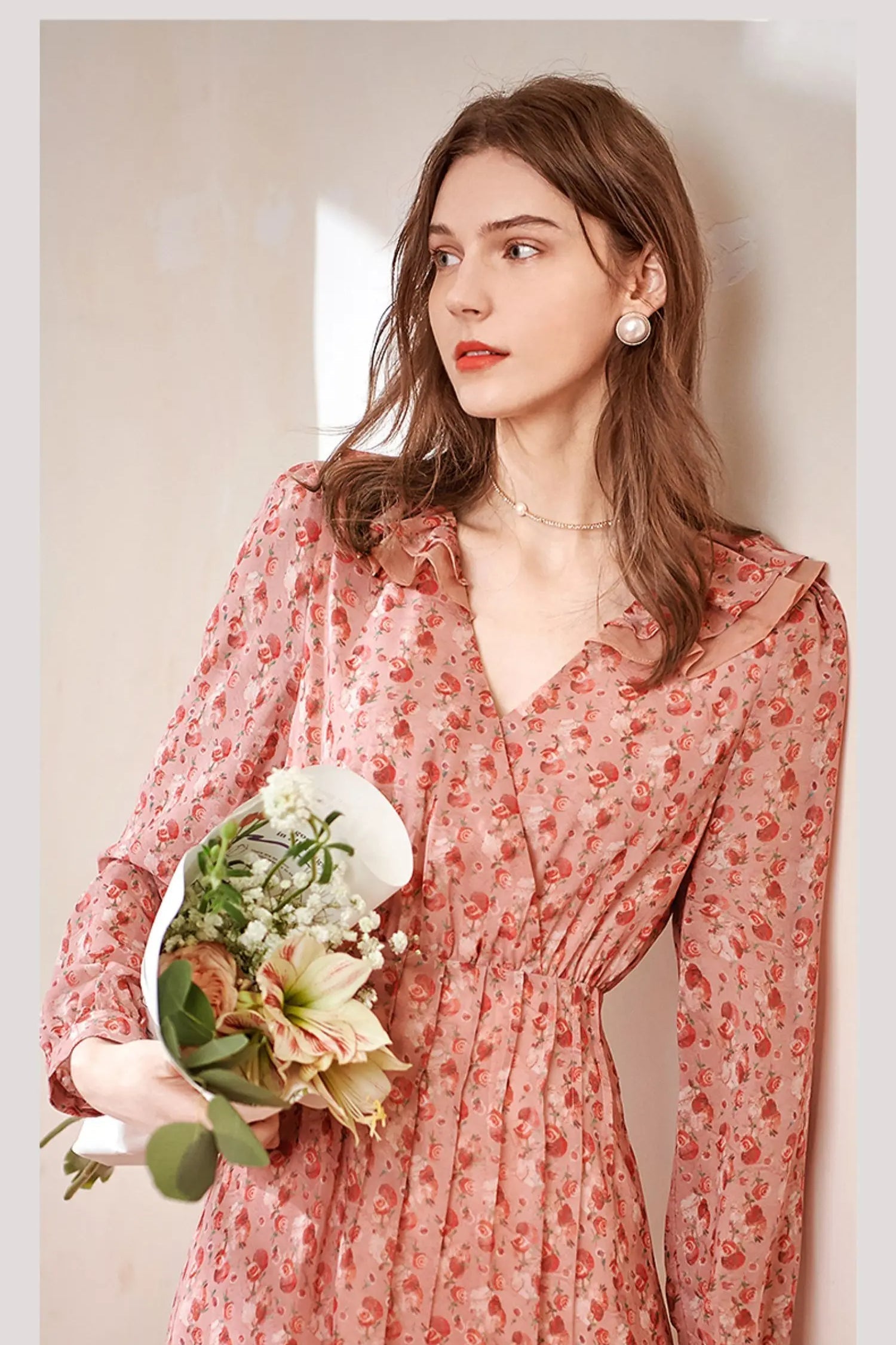 Floral Print Deep V-Neck Ruffle Trim Long Sleeve Fit and Flare Midi Dress