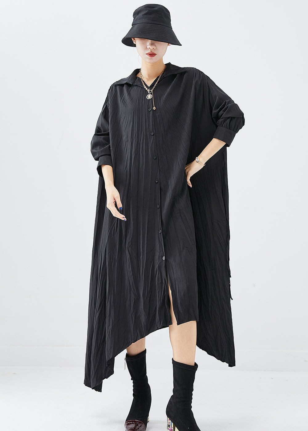 Crinkle Texture Collar Button Down Long Sleeve Asymmetrical Hem Shirt Dress