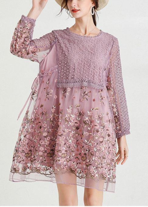 Lace Bodice Floral Embroidered Mesh Long Sleeve Empire Waist Babydoll Mini Dress