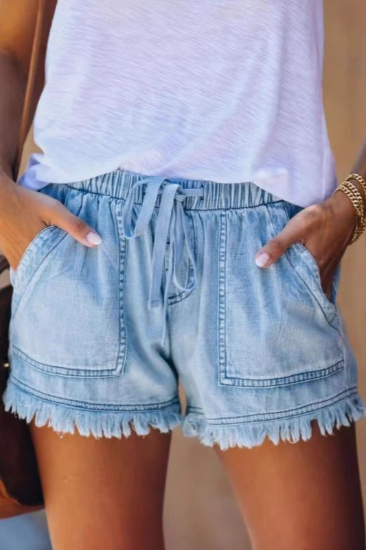 Elastic High Rise Frayed Hem Denim Shorts