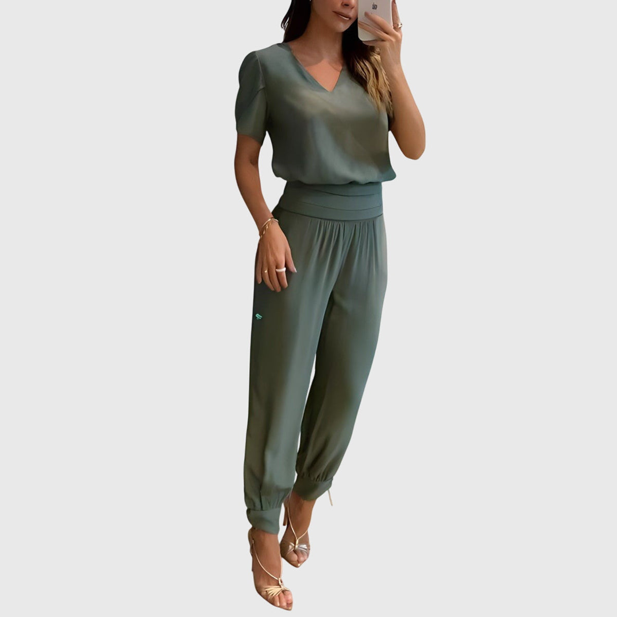 V-Neck Top and Geometric Print Pants Two Piece Set
