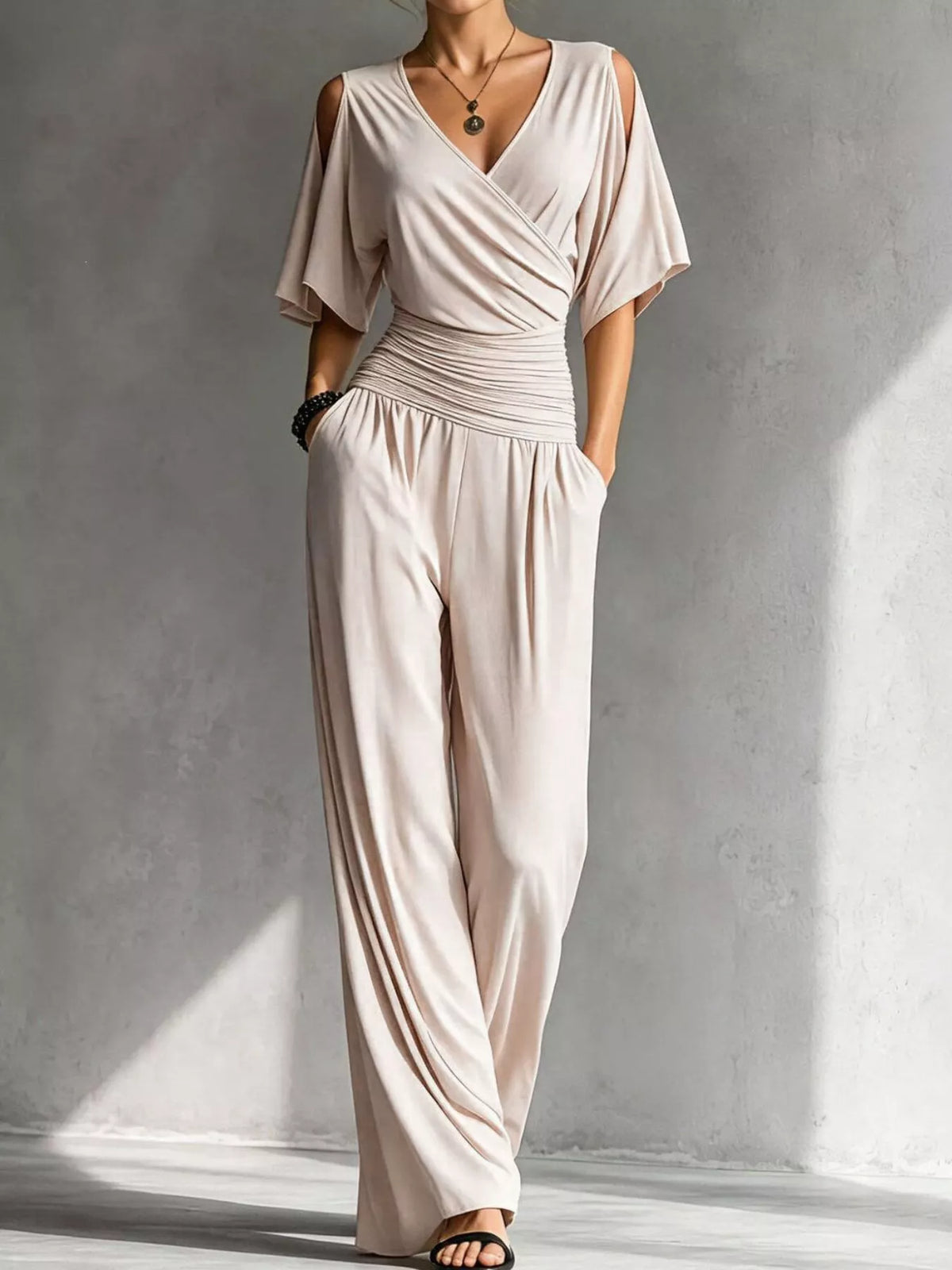 Cold Shoulder Surplice V-Neck Ruched Waist Wide Leg Jumpsuit