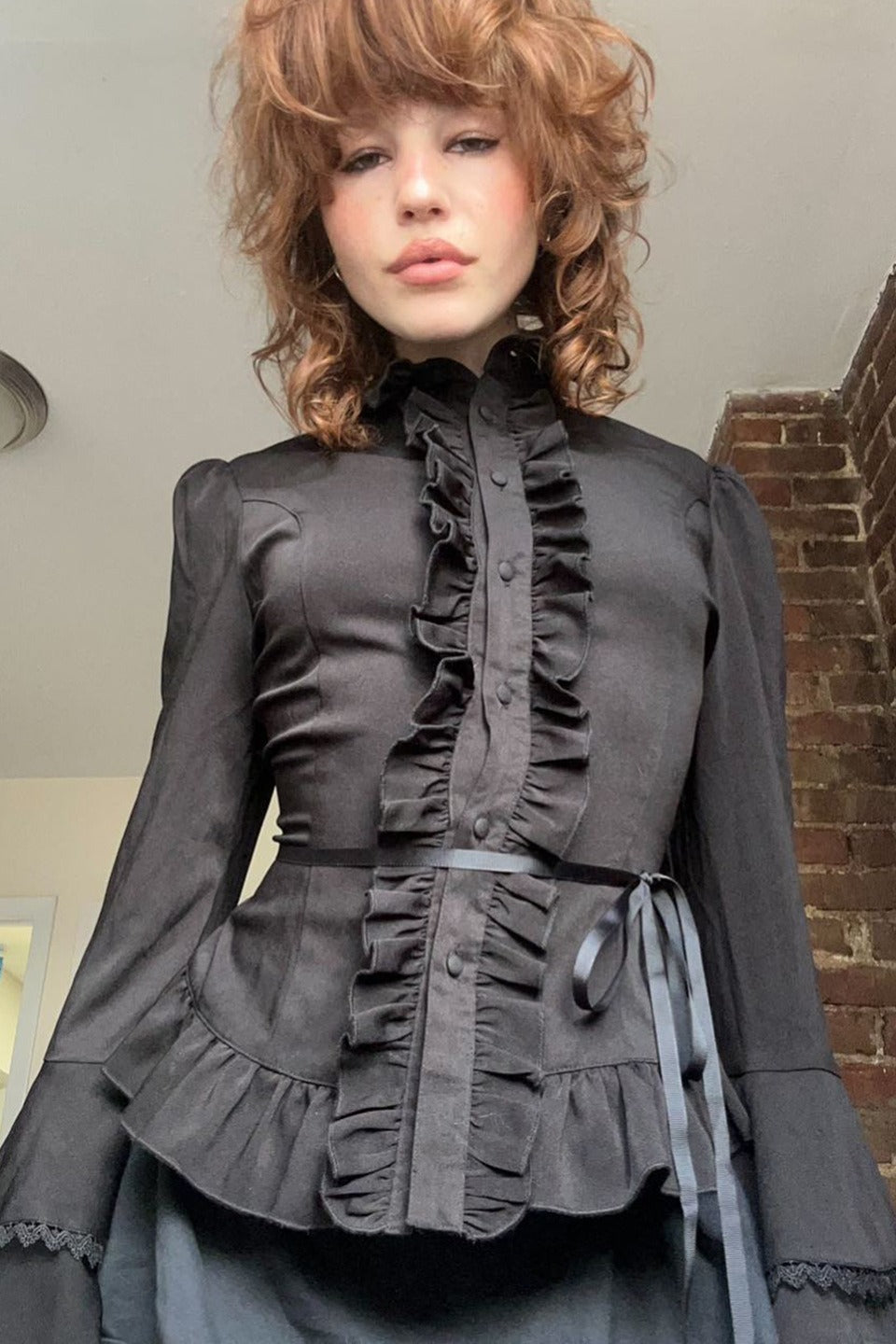High Neck Ruffle Front Bell Sleeve Ribbon Tie Waist Peplum Blouse 3