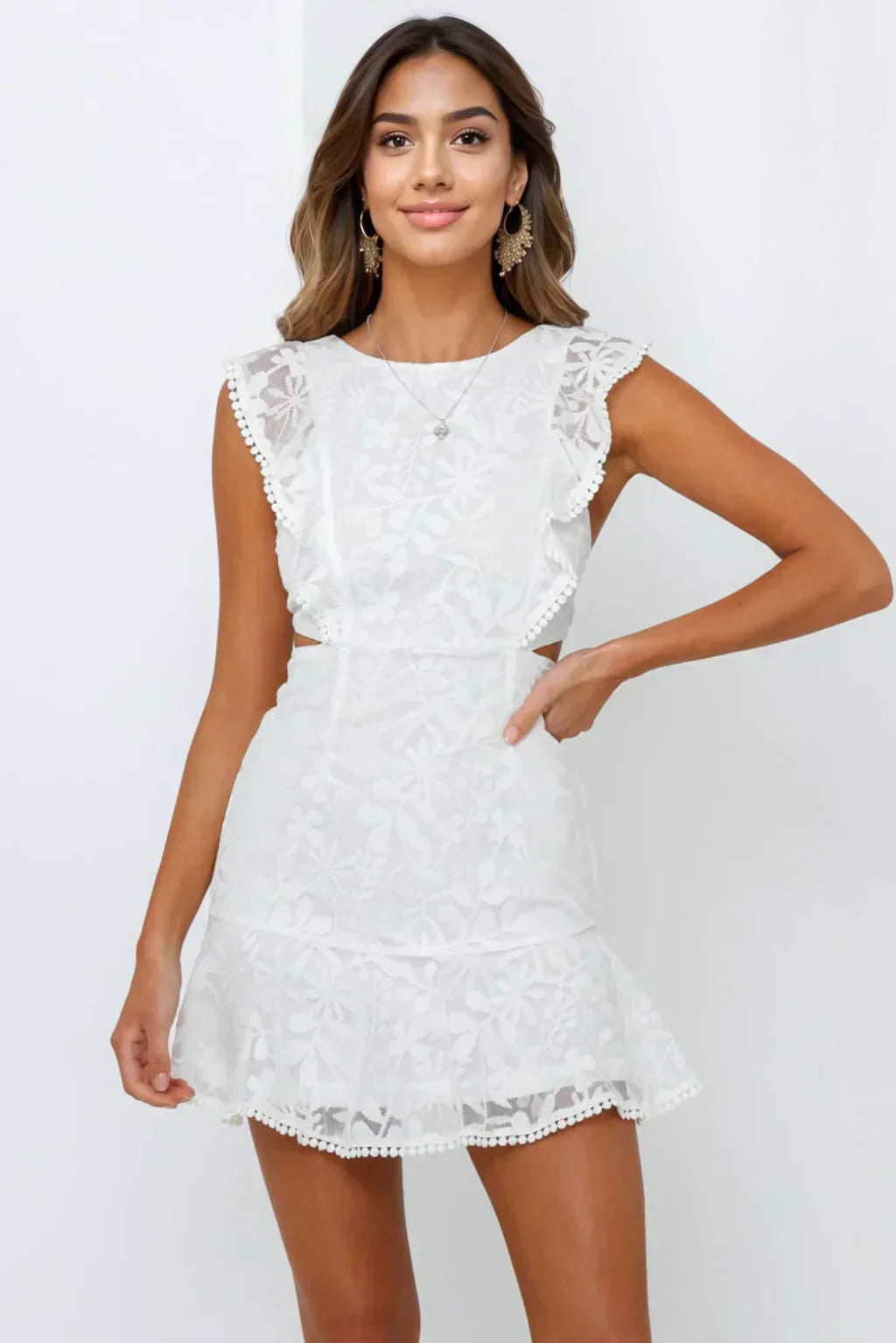 Lace Ruffle Sleeve Side Cut Out Crochet Trim Mini Dress 3