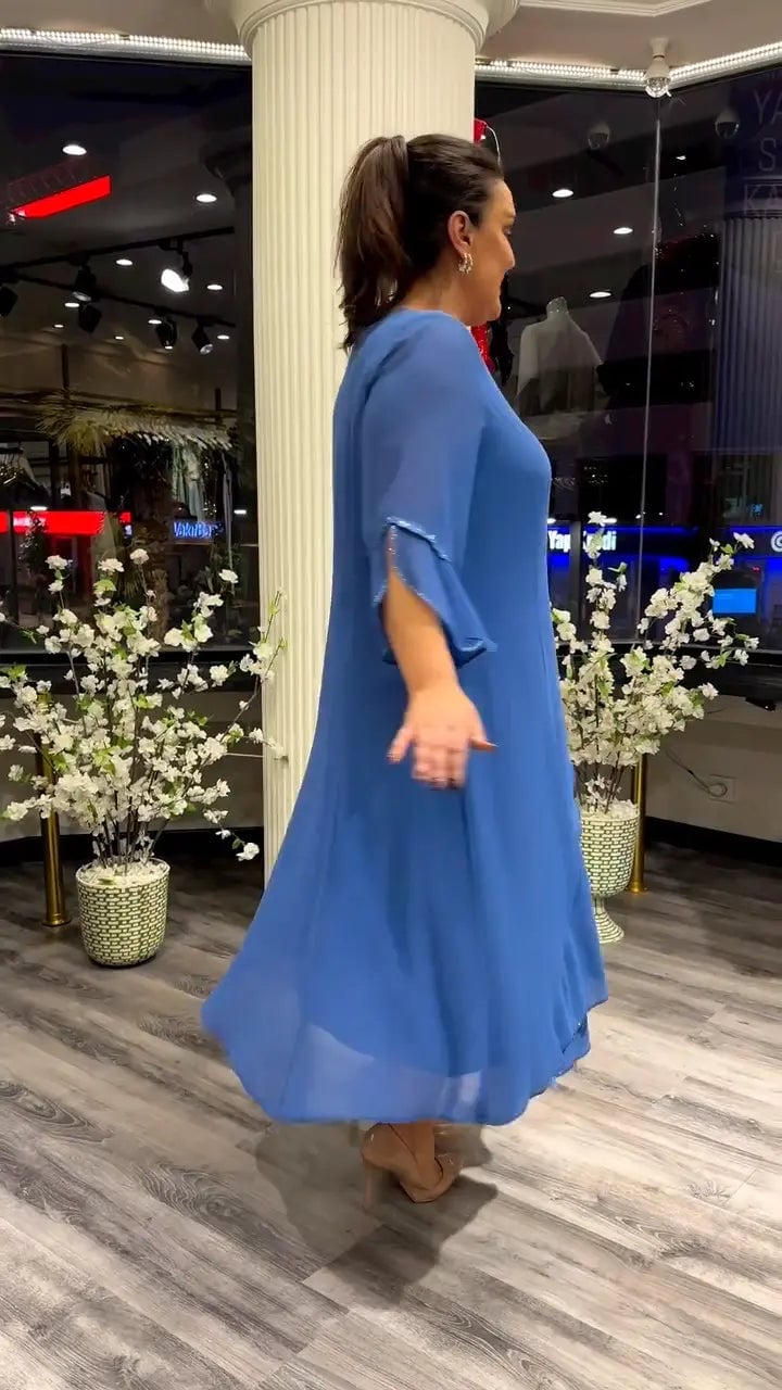 Chiffon Floral Applique Bell Sleeve Asymmetrical Tiered A-Line Midi Dress