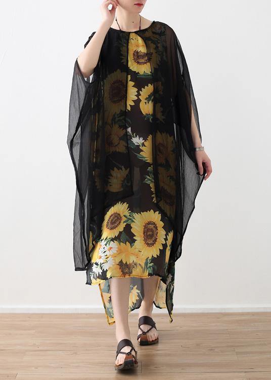 Faux Two-Piece Sunflower Print Sheer Overlay Kimono Sleeve Maxi Dress