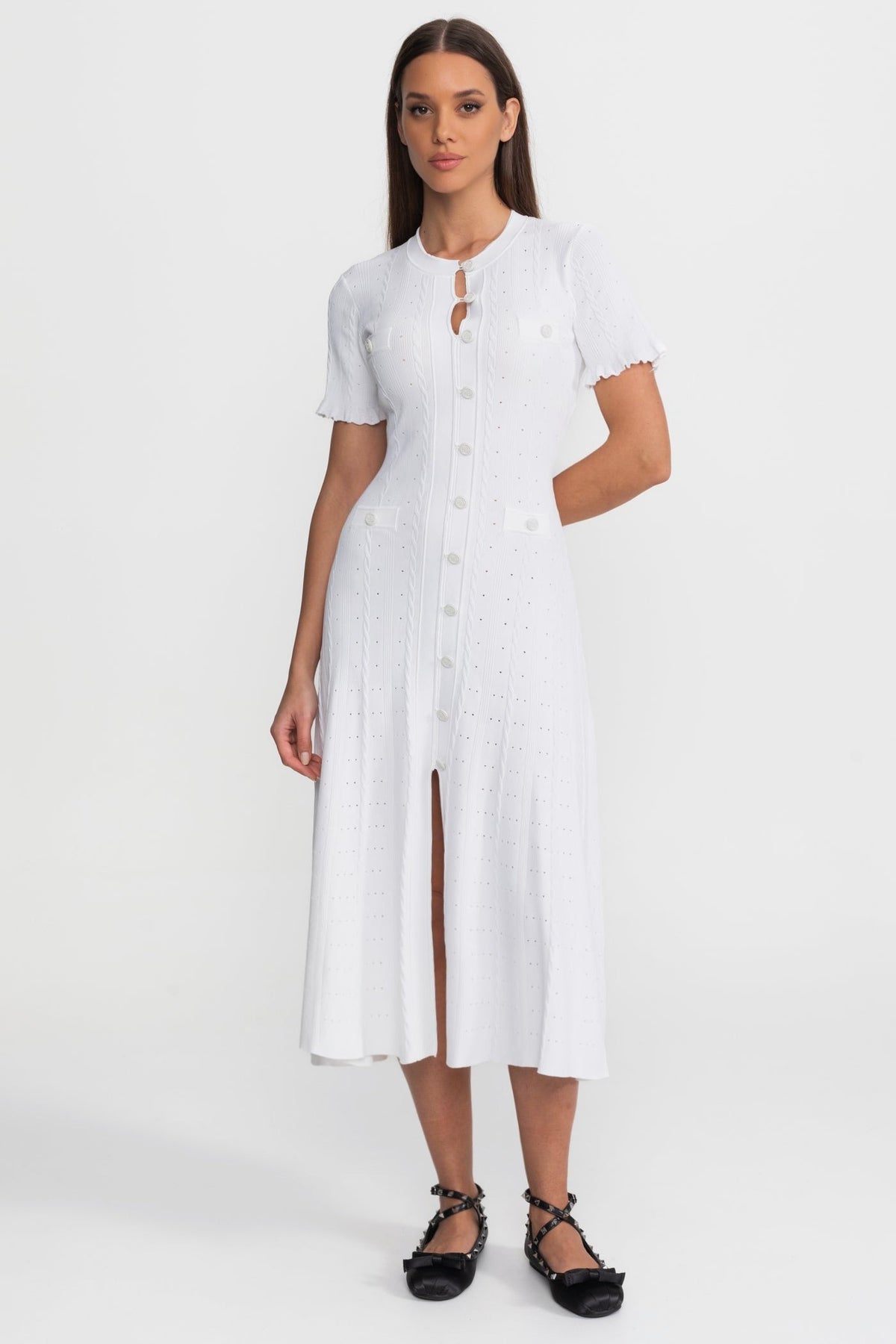 Pointelle Knit Button Front Short Sleeve Ruffle Cuff A-Line Midi Dress