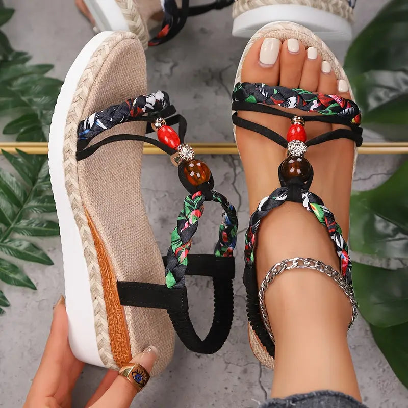 Beaded Braided Strap Espadrille Wedge Sandals