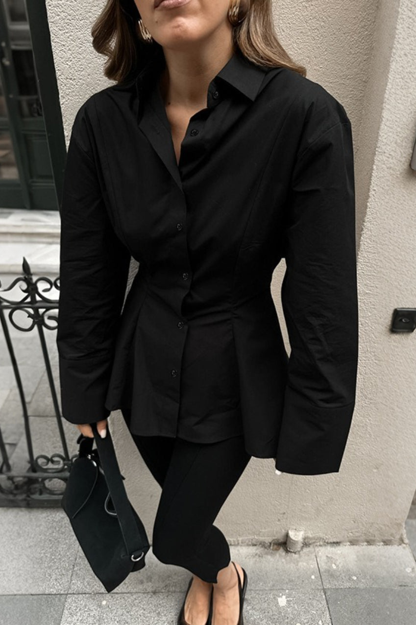 Collared Wide Cuff Darted Waist Longline Button Front Shirt 6