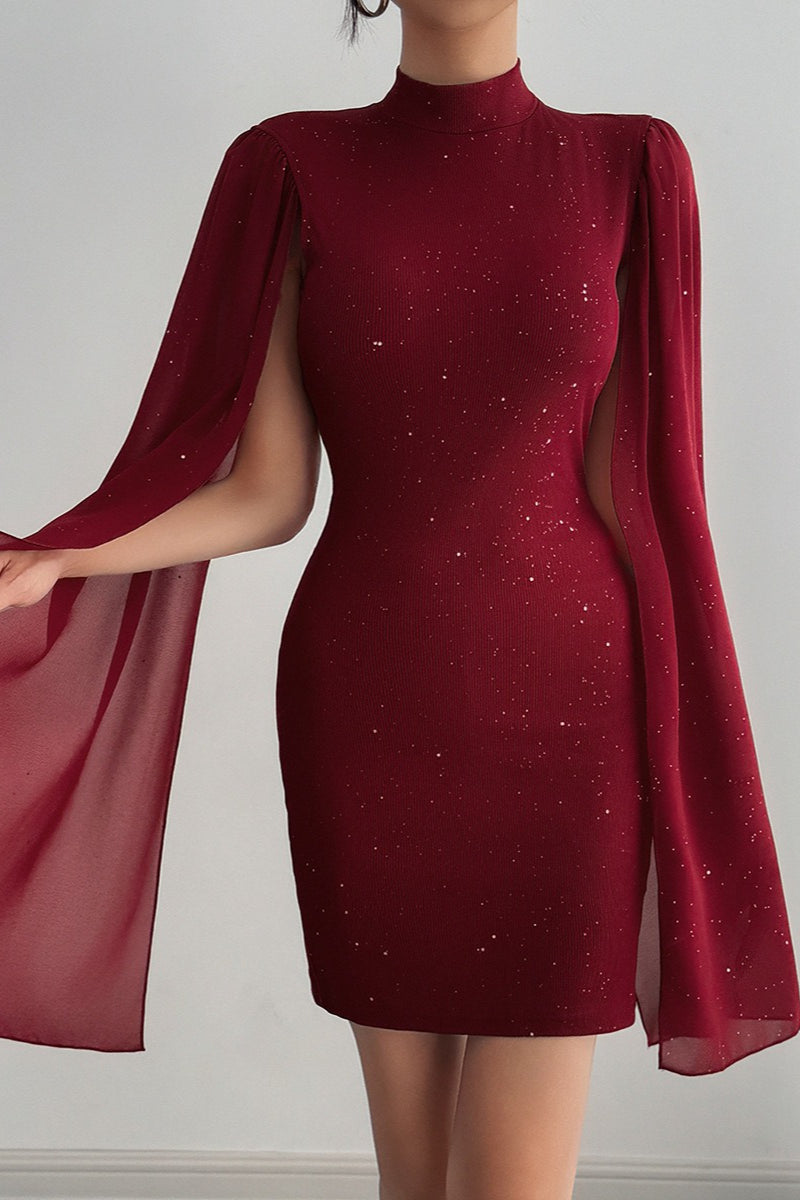 Rhinestone Mock Neck Cape Sleeve Bodycon Mini Cocktail Dress