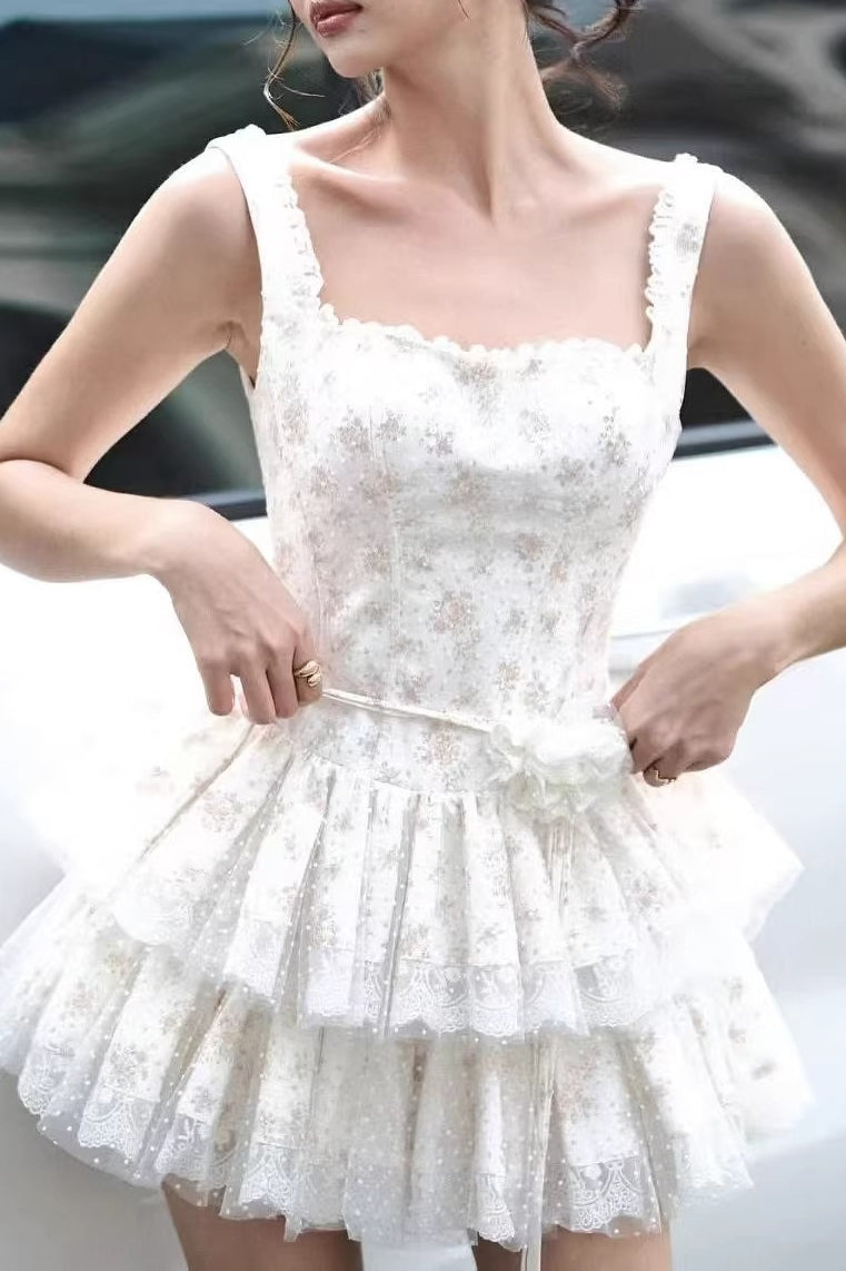Lace Floral V-Neck Layered Mini Dress
