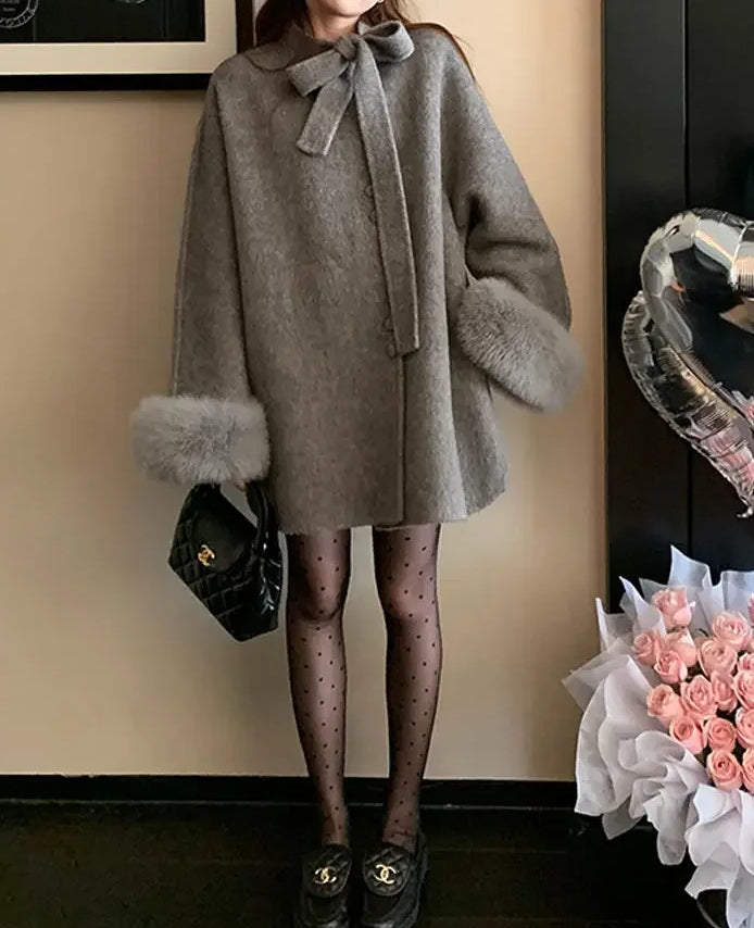Bow Tie Neck Faux Fur Cuff Wool-Look Cape Coat