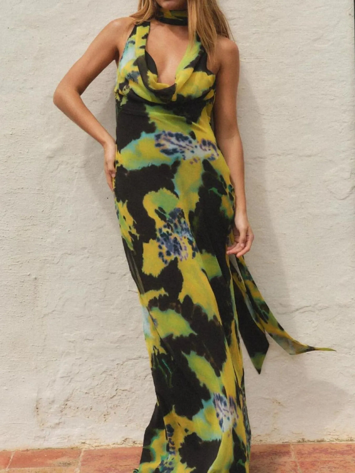 Abstract Print Chiffon Cowl Neck Scarf Halter Maxi Dress