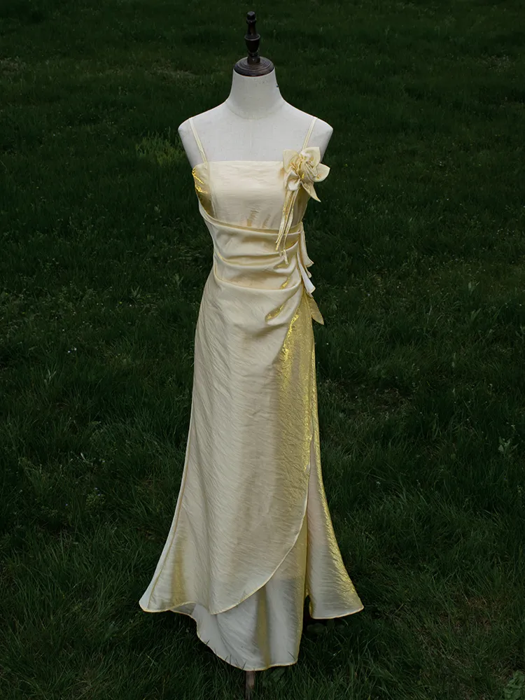 Vintage Yellow Floral Embellished Evening Gown Fairy Princess Party Evening Dress cc1509