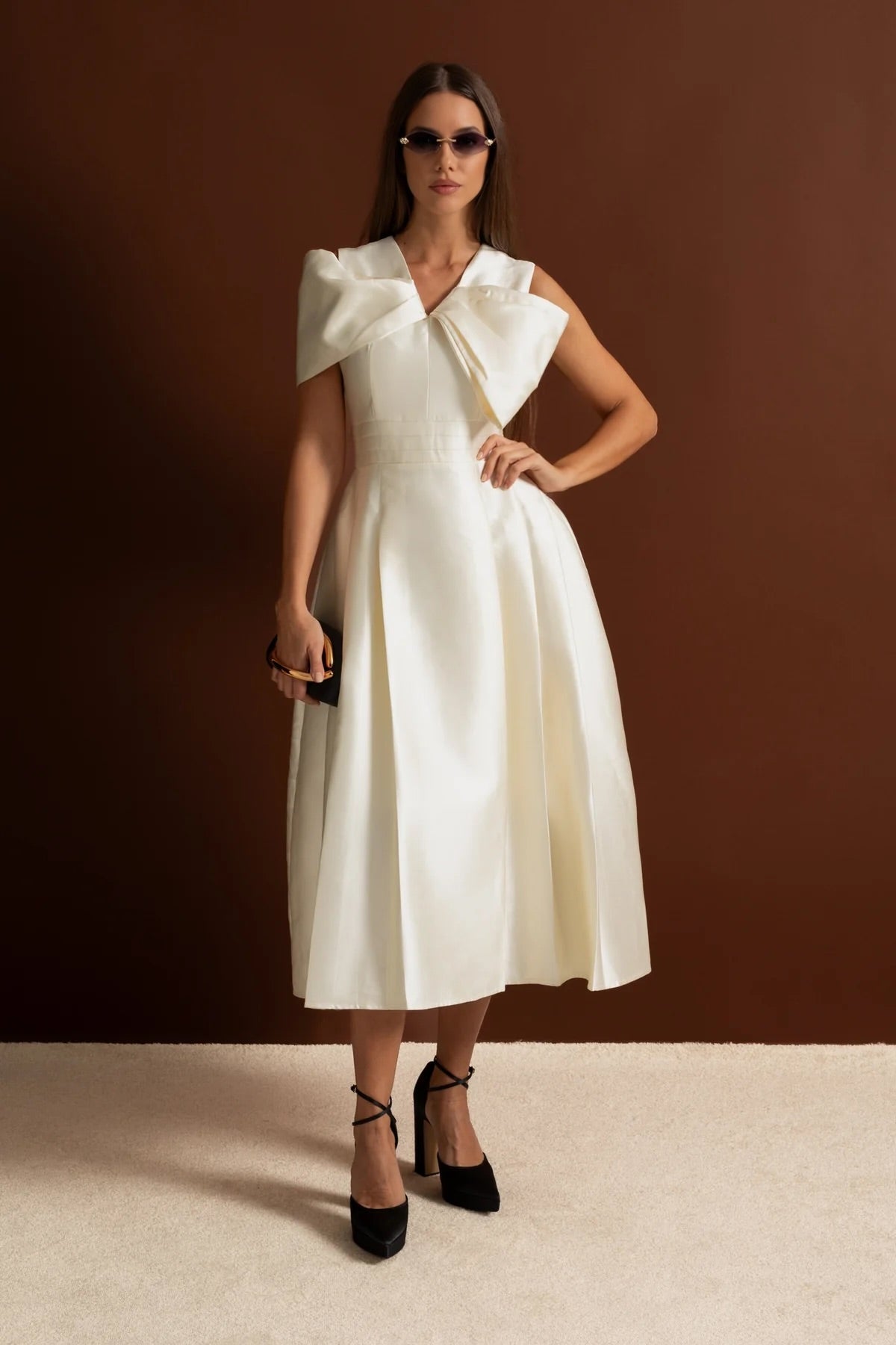 Satin V-Neck Oversized Bow Shoulder Sleeveless Pleated A-Line Midi Dress