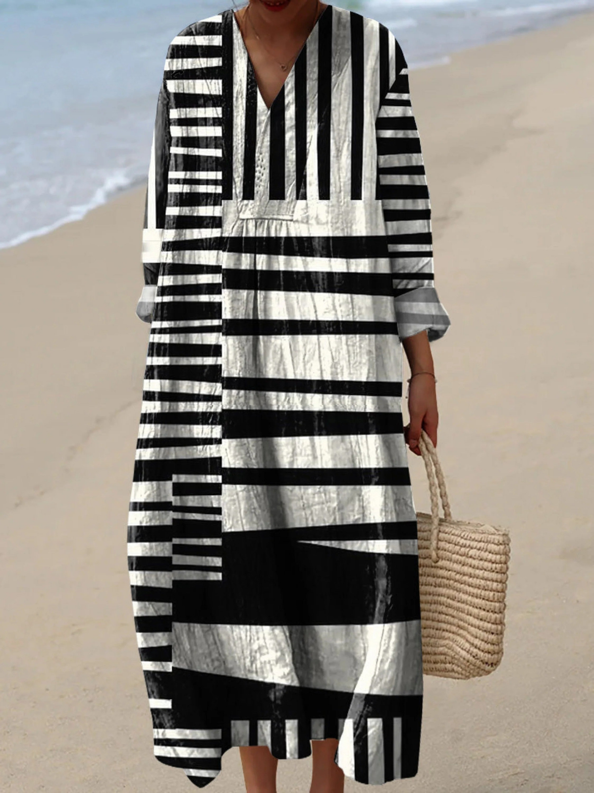 Striped Geometric V-Neck Long Sleeve Maxi Dress