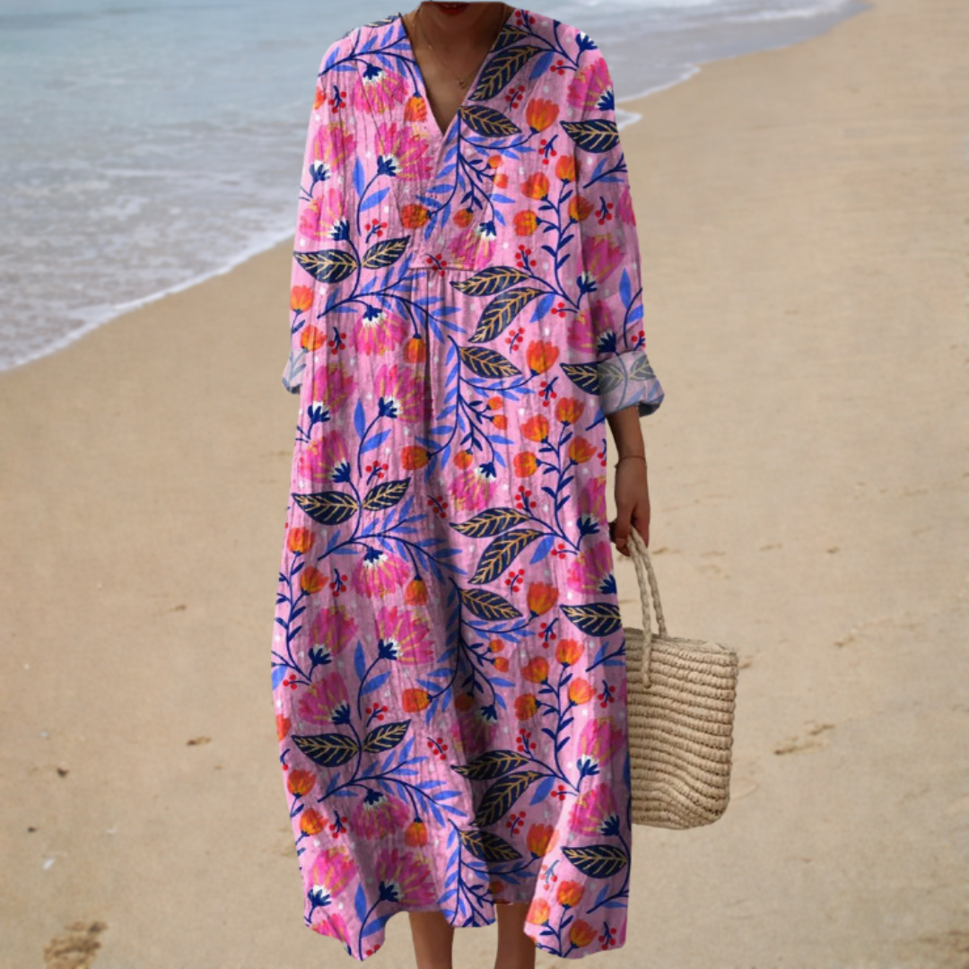Floral Print V-Neck Long Sleeve Beach Kaftan Coverup