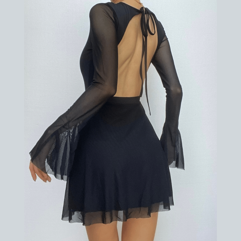 Mesh Flared Long Sleeve Tie Back Backless A-Line Mini Dress